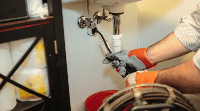 Drain cleaning technician using a motorized plumbing snake to clear a clogged sink pipe in Worcester, MA