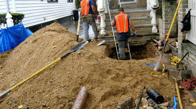 Contractors performing foundation protection and exterior drainage excavation near residential home steps in Worcester, MA